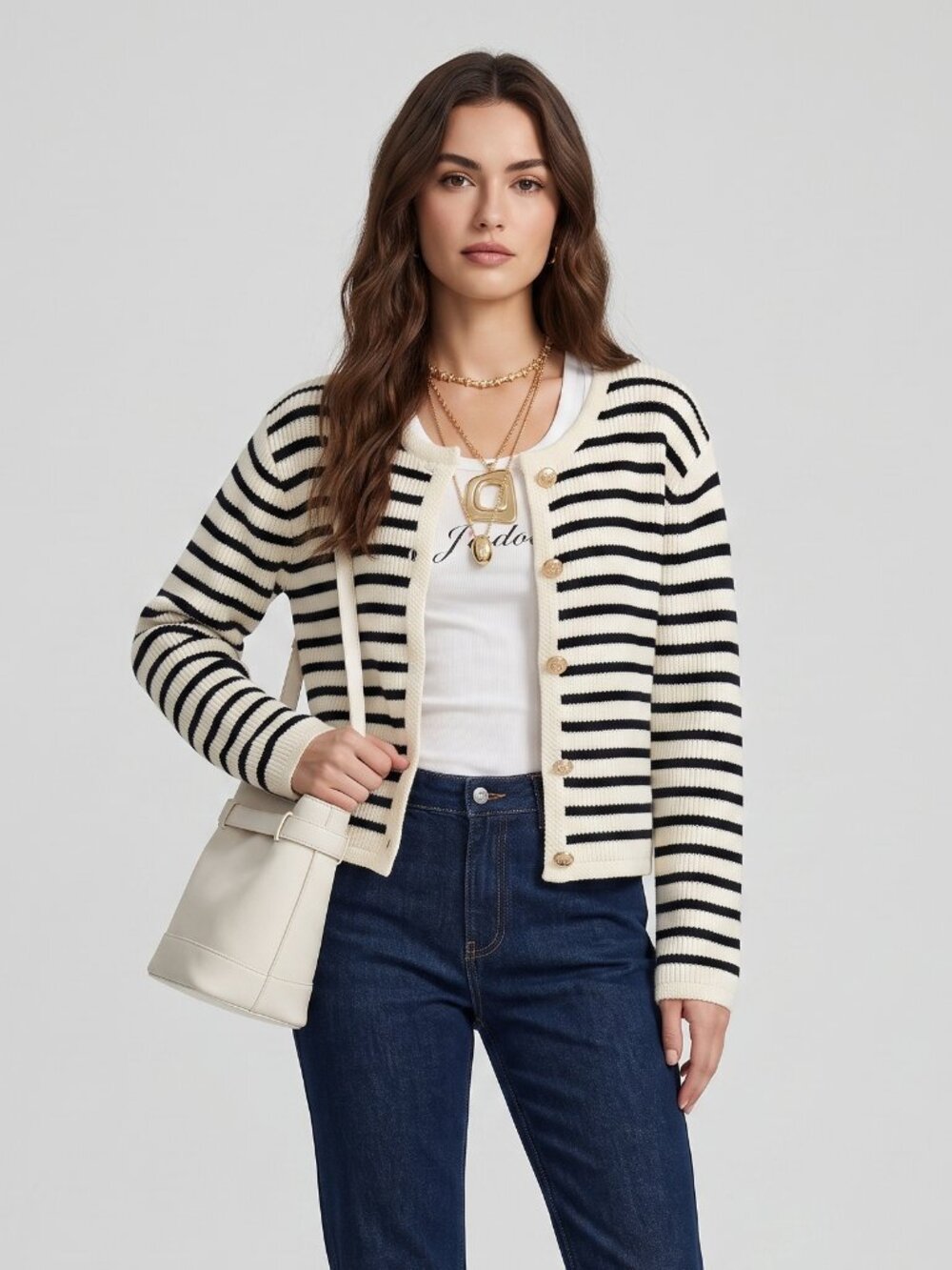Women's Off White Black Striped Knit Button Cardigan Relaxed Fit Sweater